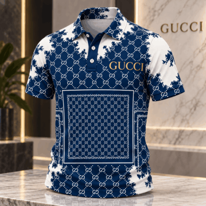 Gucci | Navy Monogram Bandana Print Polo Shirt Winter 2026 Drop