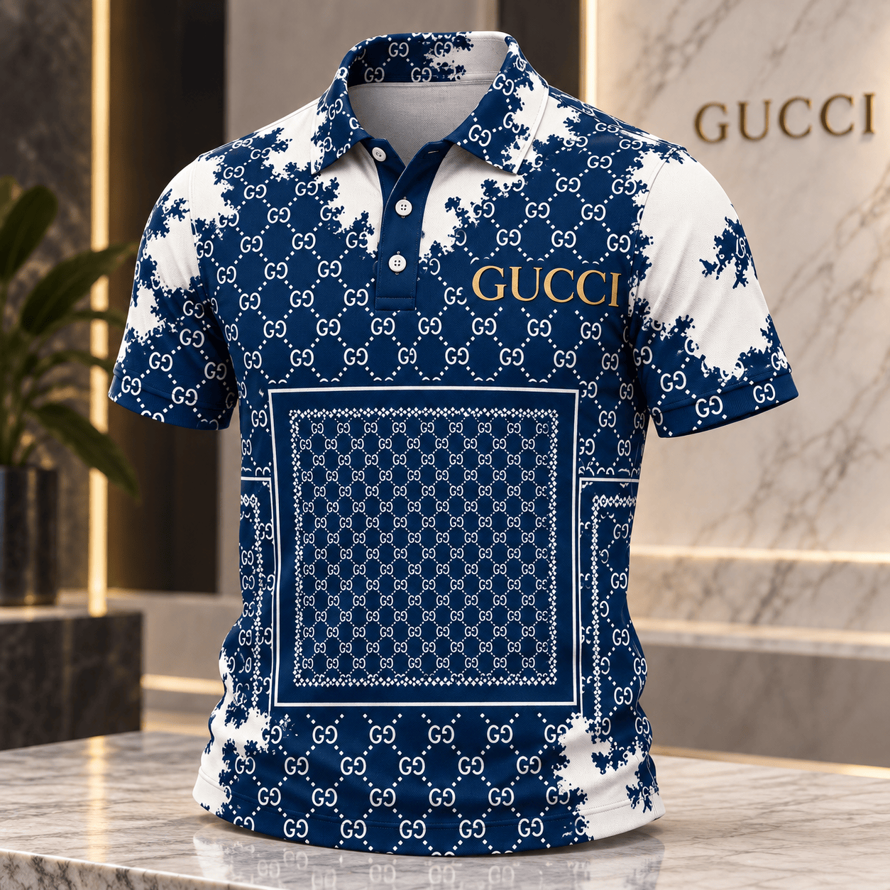 Gucci | Navy Monogram Bandana Print Polo Shirt Winter 2026 Drop