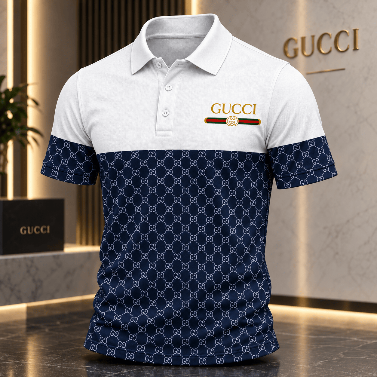 Gucci | Navy Monogram Colorblock Polo Shirt Winter 2026 Drop
