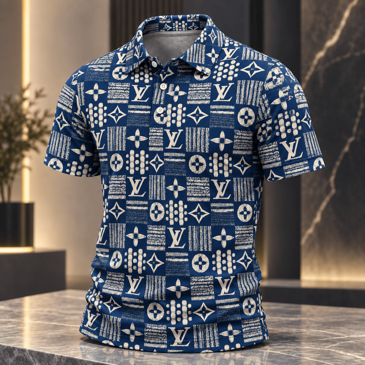 Louis Vuitton | Distressed Indigo Monogram Grid Polo Shirt Christmas 2026 Collection