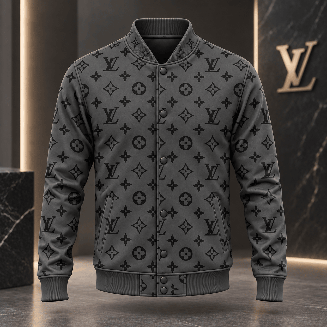 Louis Vuitton | Graphite Monogram Print Baseball Jacket Fall 2026 Collection