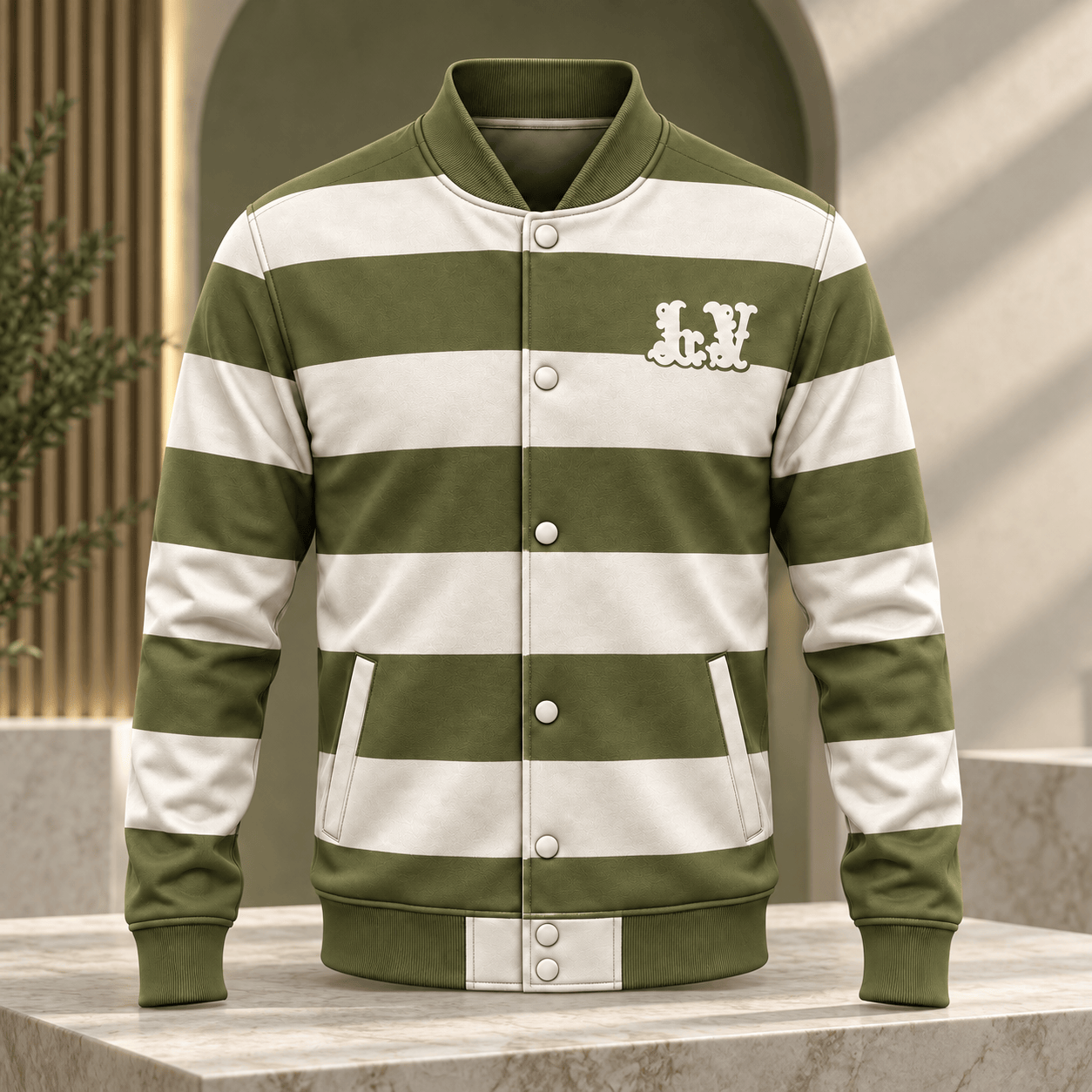 Louis Vuitton | Olive Monogram Stripe Baseball Jacket Fall 2026 Collection