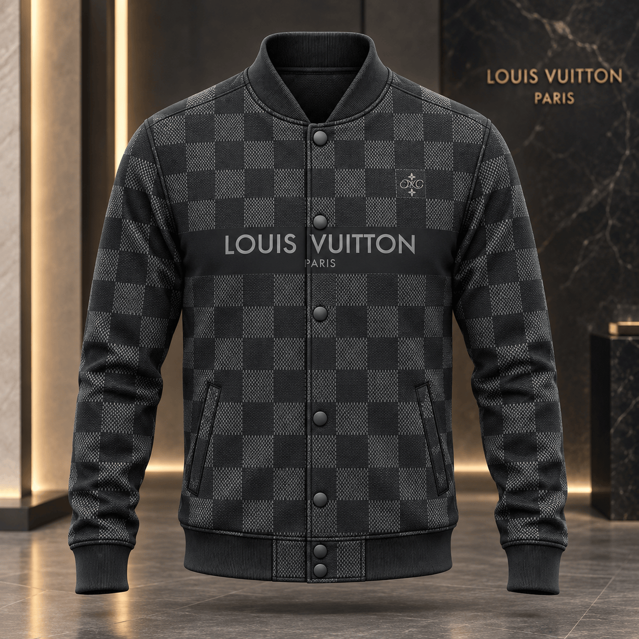 Louis Vuitton | Graphite Checkerboard Stripe Baseball Jacket Fall 2026 Collection