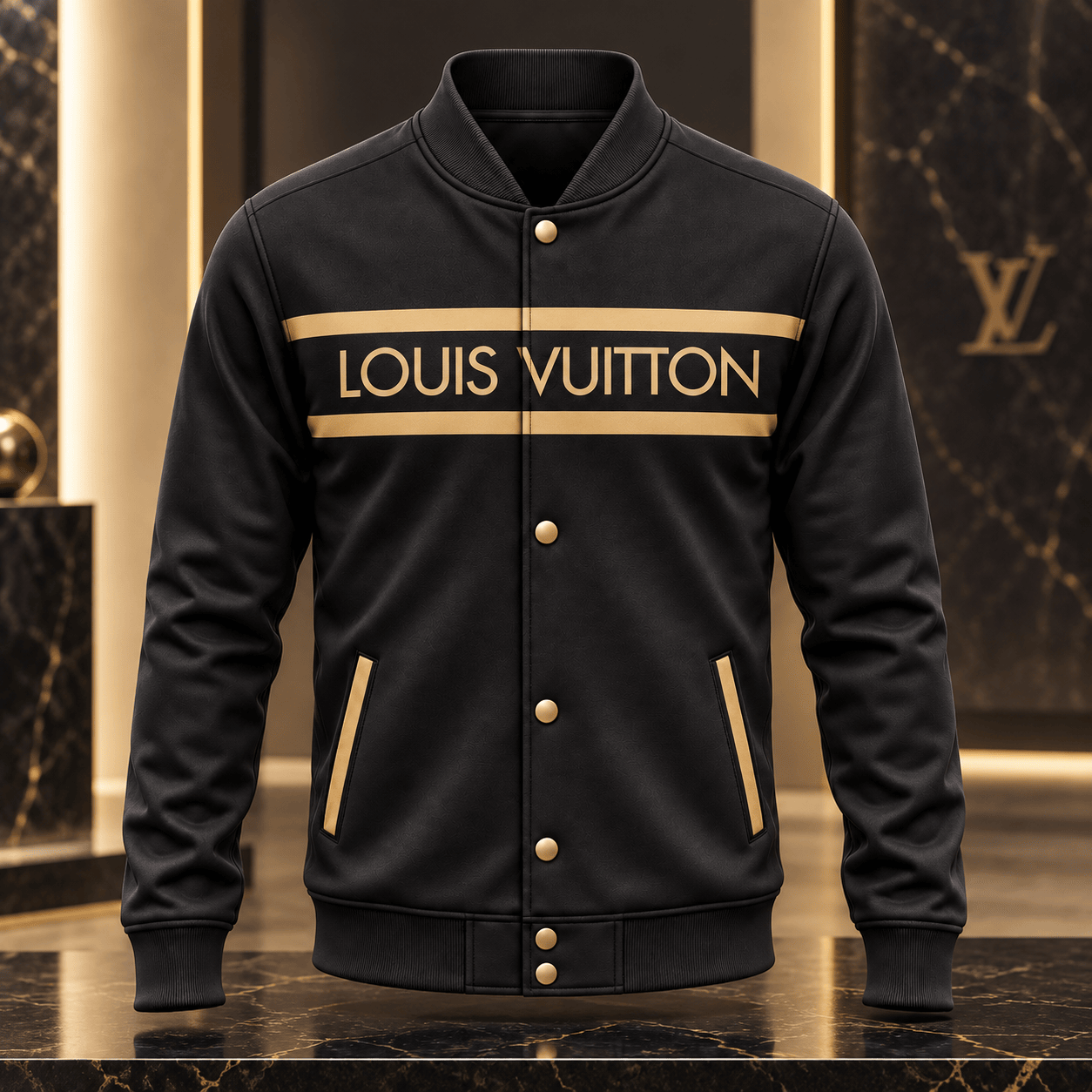 Louis Vuitton | Gold Logo Stripe Baseball Jacket Winter 2026 Collection