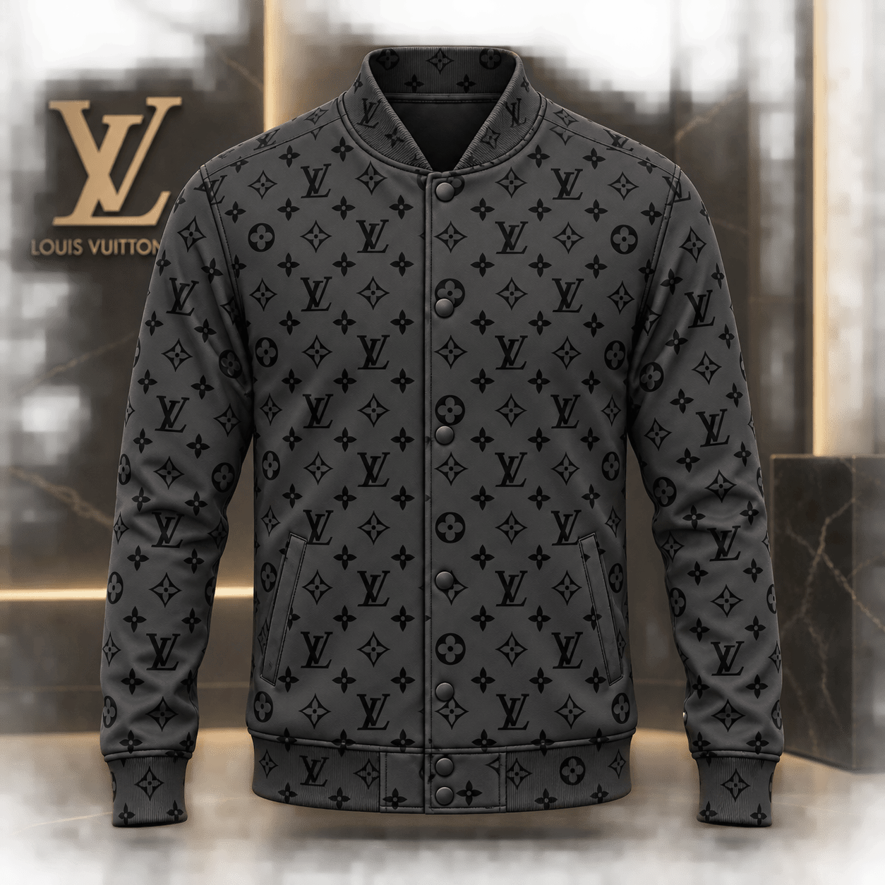 Louis Vuitton | Charcoal Monogram Print Baseball Jacket Winter 2026 Collection