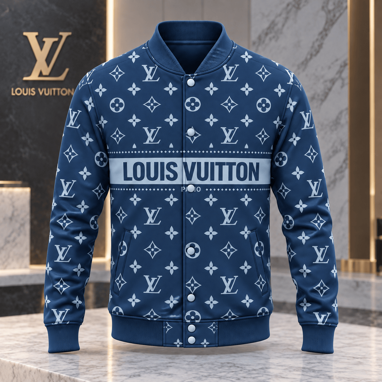 Louis Vuitton | Navy Monogram Stripe Baseball Jacket Winter 2026 Collection
