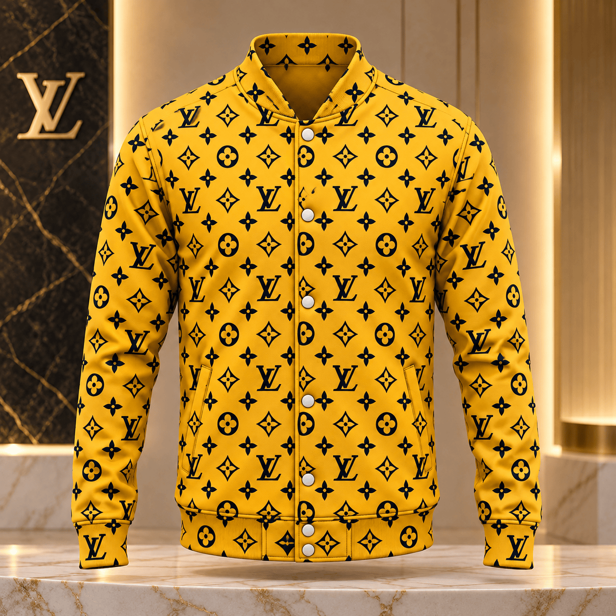 Louis Vuitton | Golden Navy Monogram Print Baseball Jacket Winter 2026 Collection