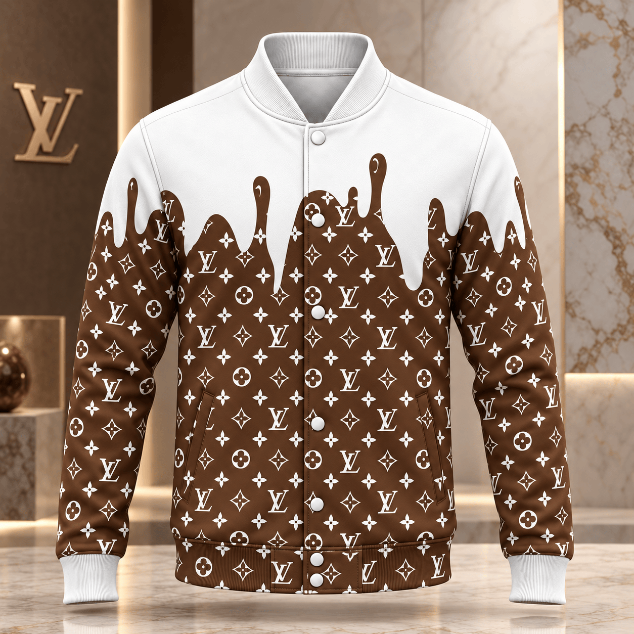 Louis Vuitton | Chocolate Monogram Drip Baseball Jacket Winter 2026 Collection