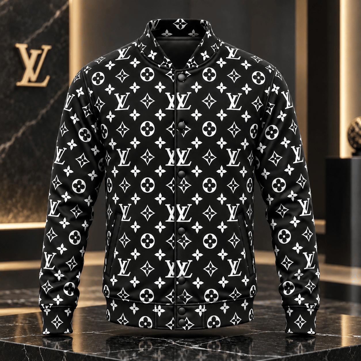 Louis Vuitton | Monochrome Monogram Print Baseball Jacket Holiday 2026 Collection