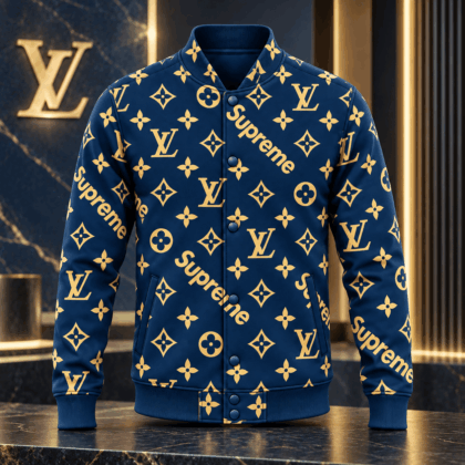 Louis Vuitton | Navy Gold Monogram Print Baseball Jacket Holiday 2026 Collection