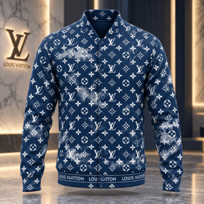 Louis Vuitton | Distressed Navy Monogram Baseball Jacket Holiday 2026 Collection