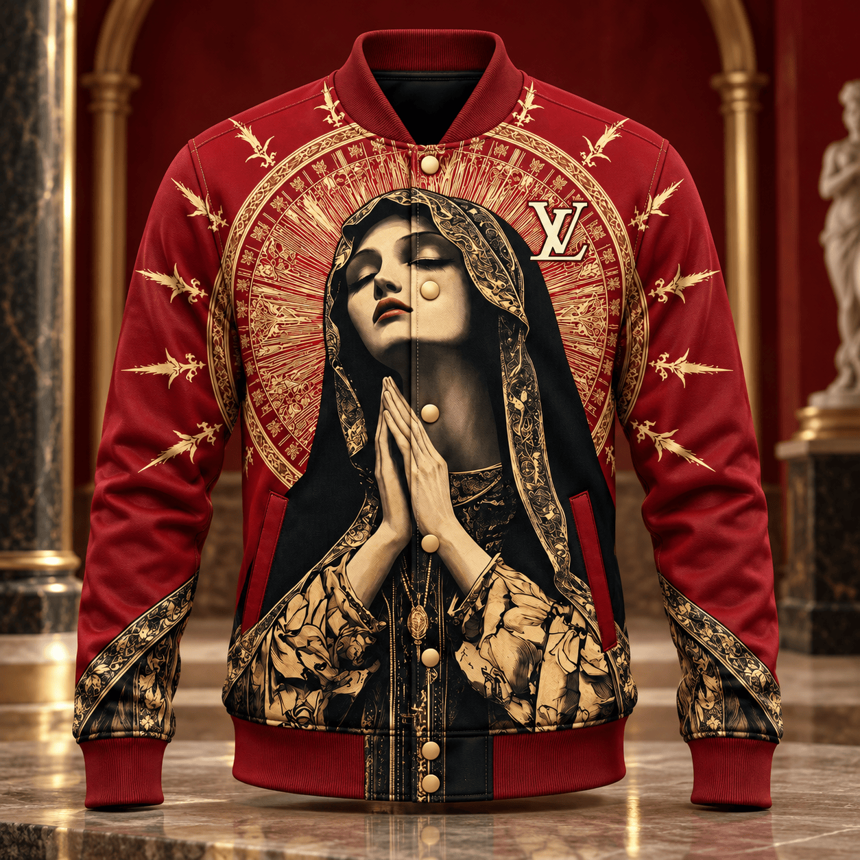 Louis Vuitton | Sacred Madonna Halo Print Baseball Jacket Holiday 2026 Collection