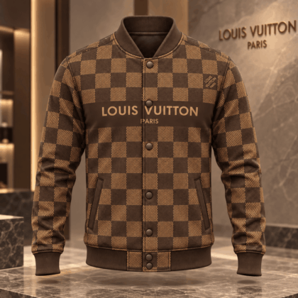 Louis Vuitton | Brown Checkerboard Logo Stripe Baseball Jacket Holiday 2026 Collection