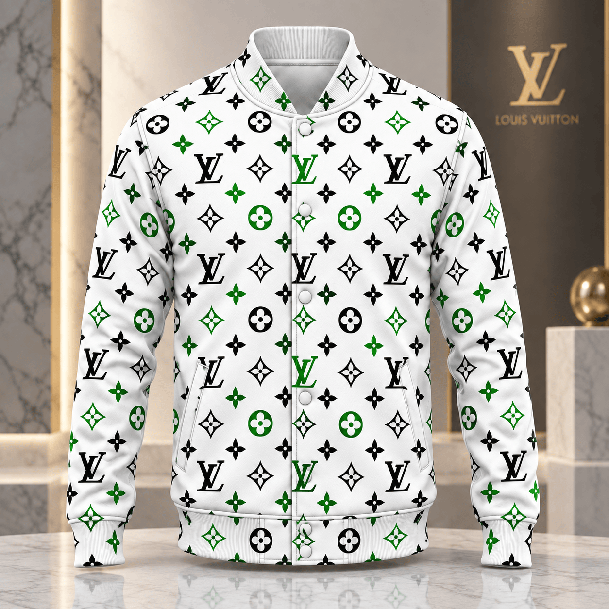 Louis Vuitton | Emerald Monogram Print Baseball Jacket Christmas 2026 Collection