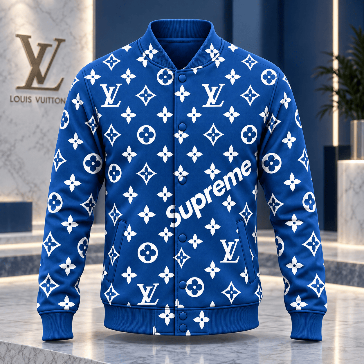 Louis Vuitton | Royal Blue Monogram Print Baseball Jacket Thanksgiving 2026 Collection
