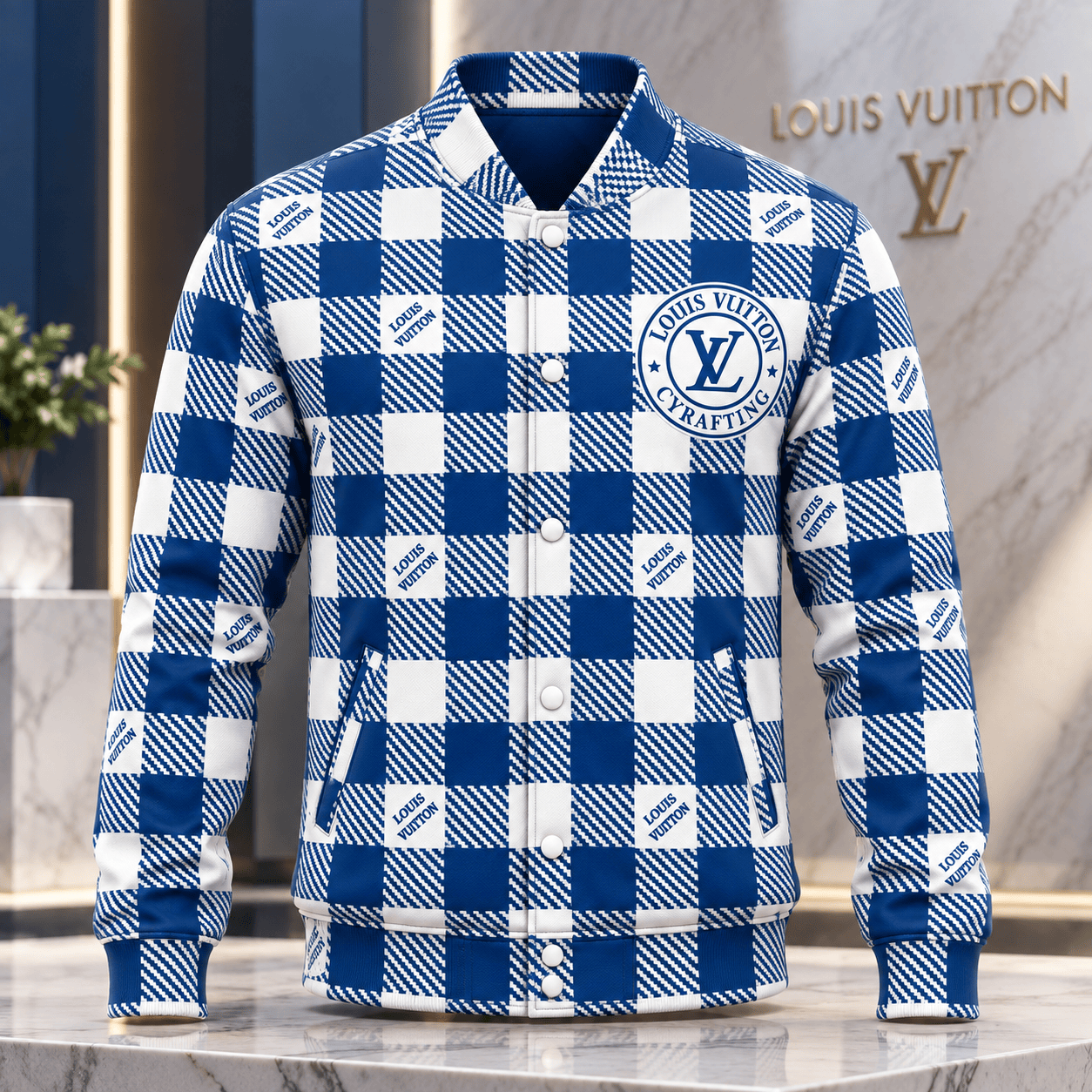 Louis Vuitton | Royal Blue Plaid Crest Baseball Jacket Thanksgiving 2026 Collection