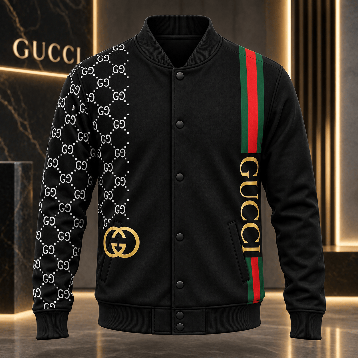 Gucci | Monogram Lattice Web Stripe Baseball Jacket Fall 2026 Drop