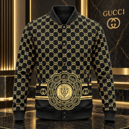 Gucci | Gold Monogram Crest Baseball Jacket Fall 2026 Drop