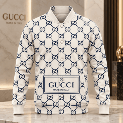 Gucci | Navy Monogram Diamond Lattice Baseball Jacket Fall 2026 Drop