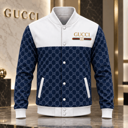 Gucci | Navy Monogram Colorblock Baseball Jacket Fall 2026 Drop