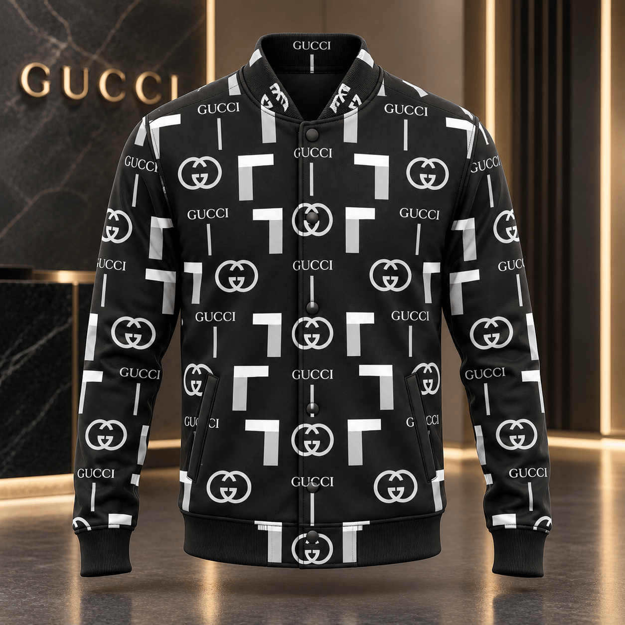 Gucci | Monochrome Logo Grid Baseball Jacket Fall 2026 Drop