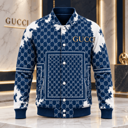 Gucci | Navy Monogram Bandana Print Baseball Jacket Fall 2026 Drop