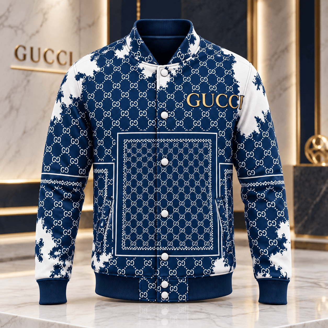 Gucci | Navy Monogram Bandana Print Baseball Jacket Fall 2026 Drop