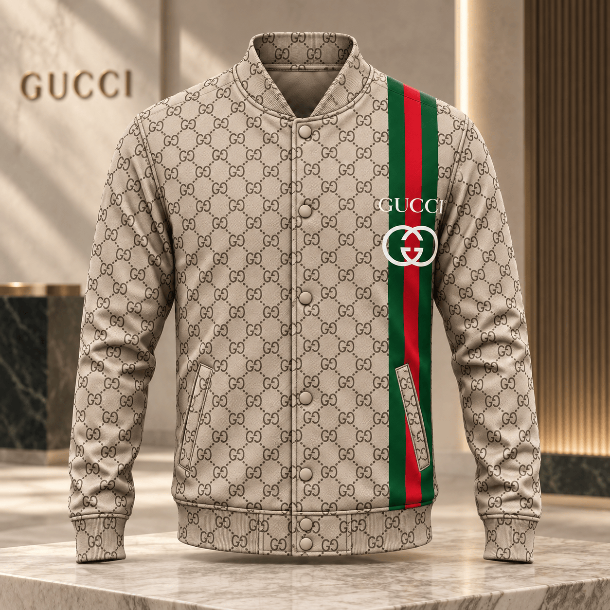 Gucci | Monogram Tricolor Stripe Baseball Jacket Fall 2026 Drop