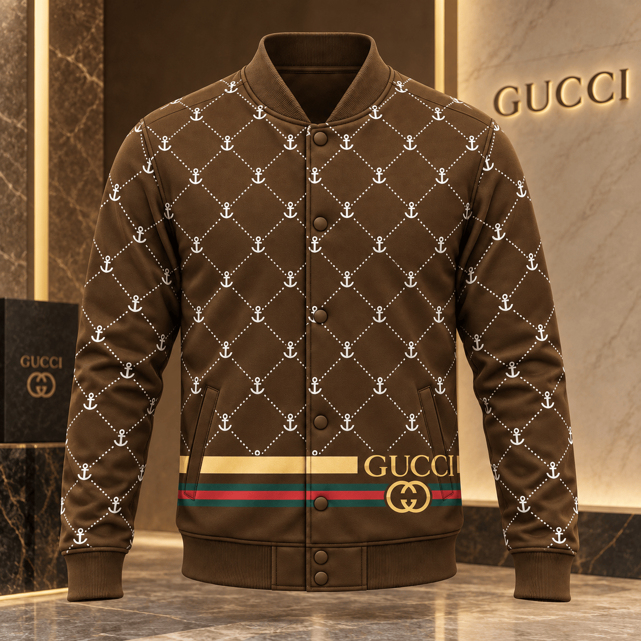 Gucci | Nautical Anchor Trellis Baseball Jacket Fall 2026 Drop