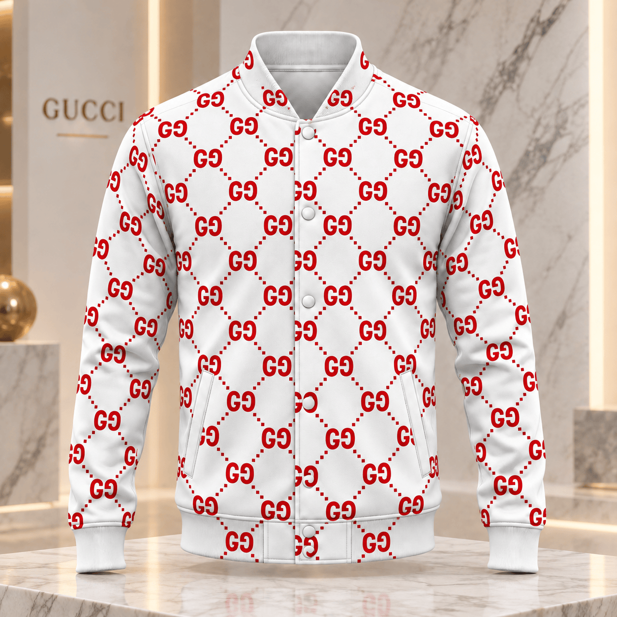 Gucci | Red Monogram Diamond Print Baseball Jacket Winter 2026 Drop