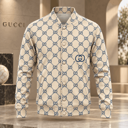Gucci | Blue Monogram Diamond Lattice Baseball Jacket Winter 2026 Drop