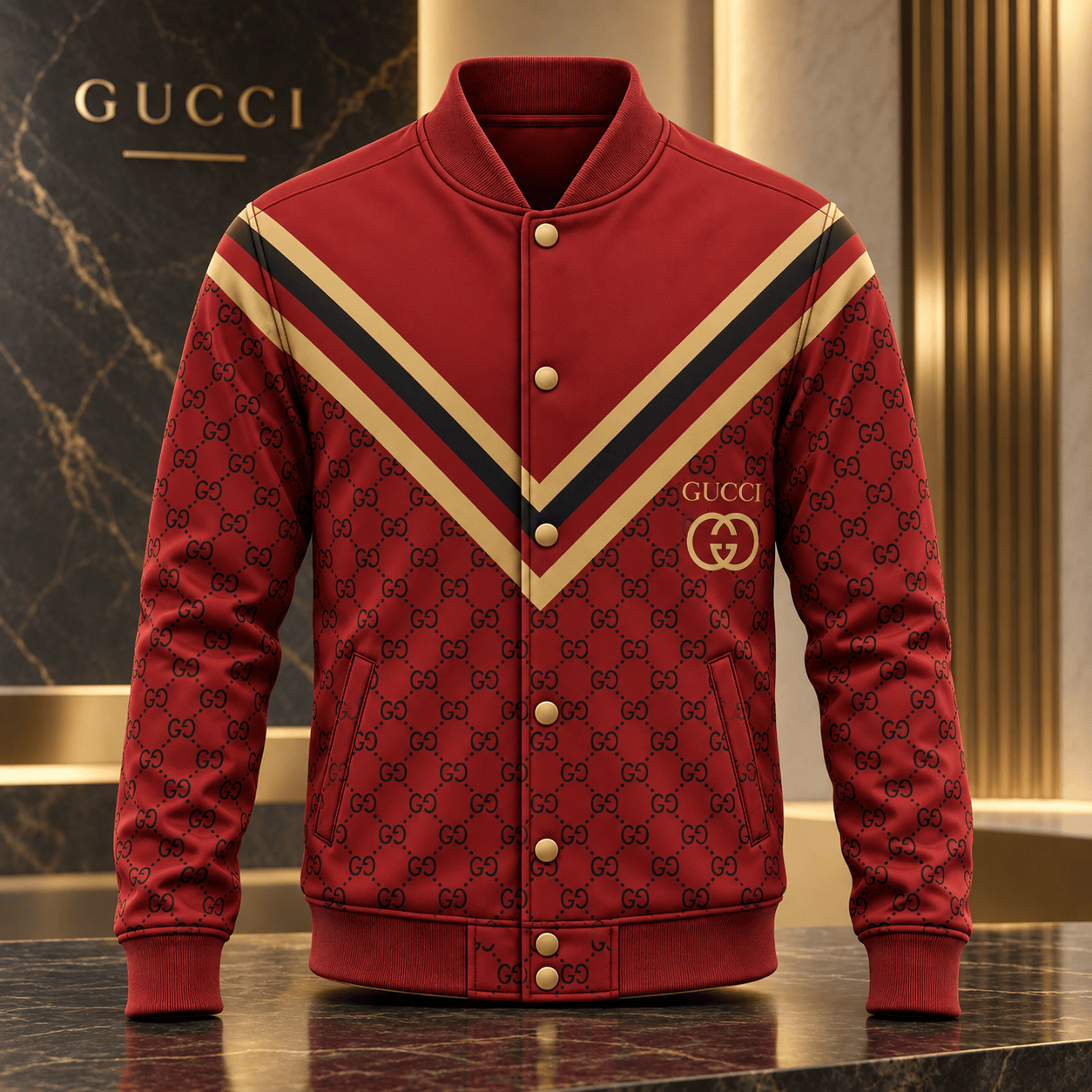 Gucci | Monogram Chevron Stripe Baseball Jacket Winter 2026 Drop