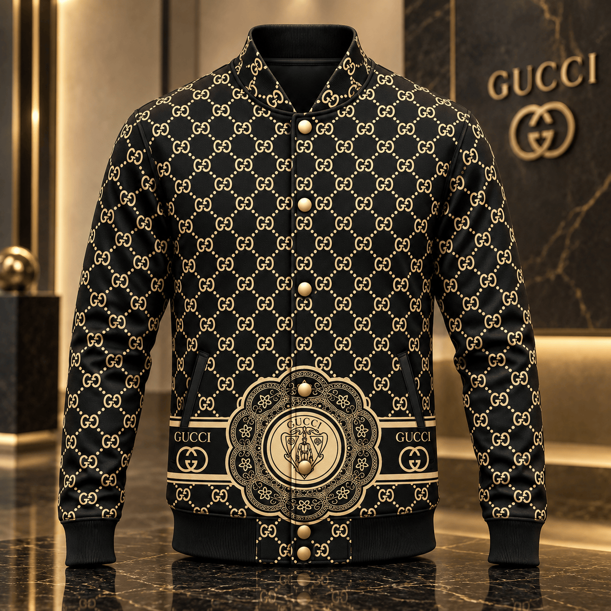 Gucci | Monogram Medallion Print Baseball Jacket Winter 2026 Drop