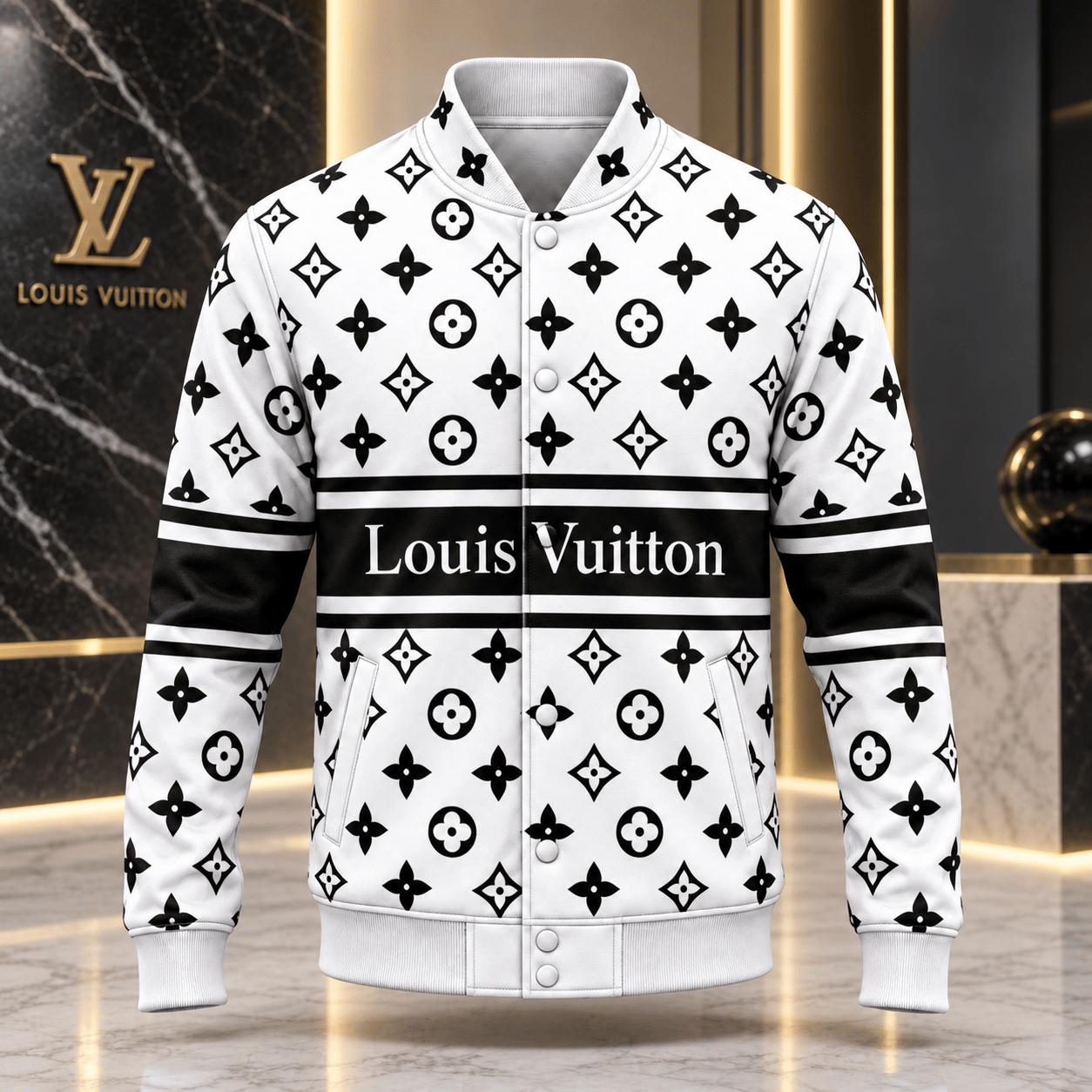 Louis Vuitton | Monochrome Monogram Stripe Baseball Jacket Year-End 2026 Collection