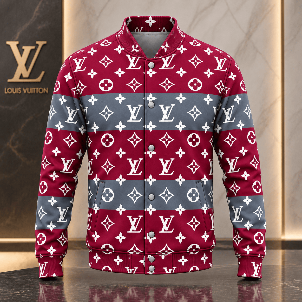 Louis Vuitton | Crimson Stripe Monogram Baseball Jacket Year-End 2026 Collection