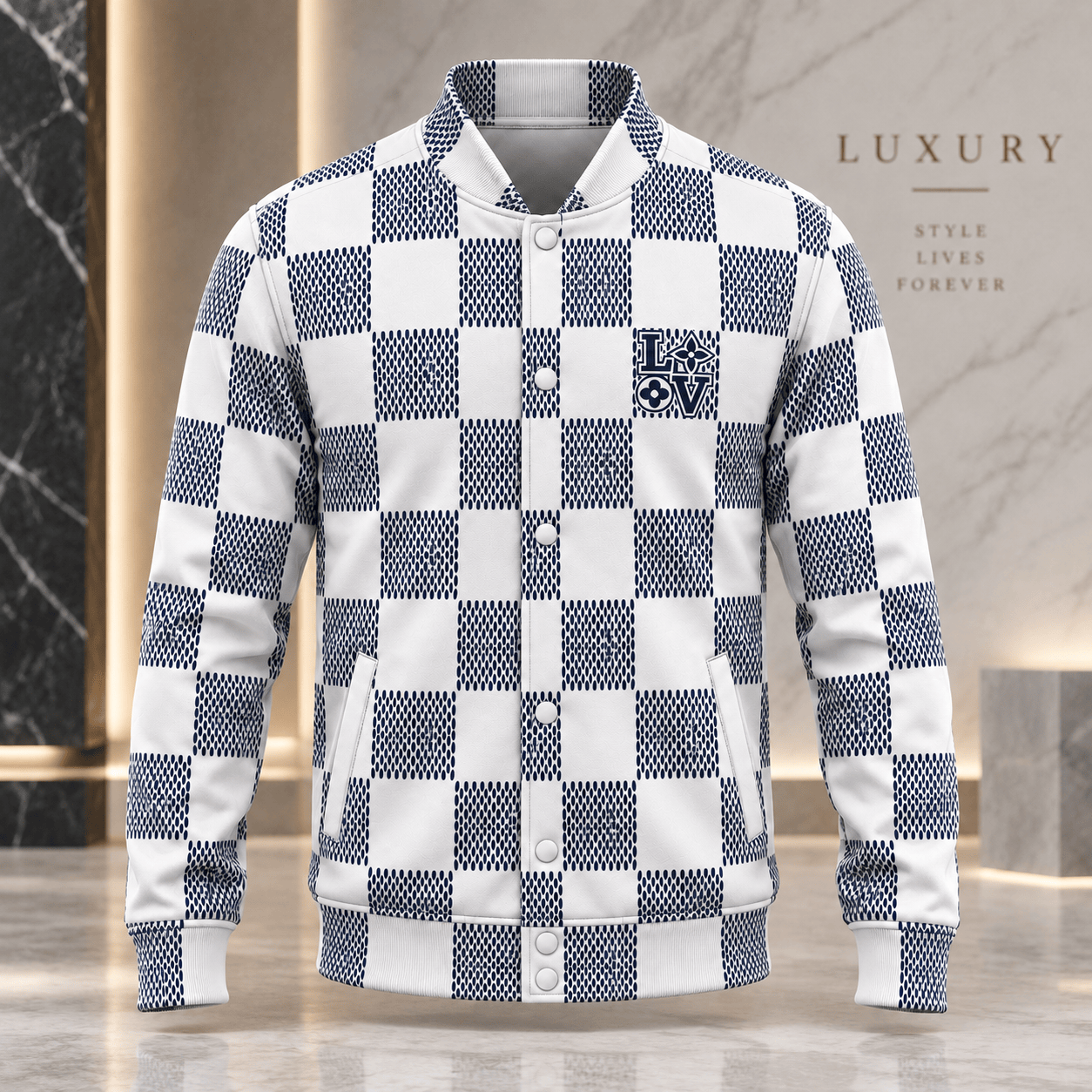 Louis Vuitton | Navy Textured Checkerboard Baseball Jacket Year-End 2026 Collection