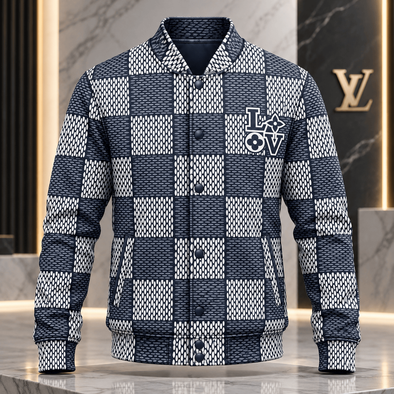 Louis Vuitton | Textured Checkerboard Print Baseball Jacket Year-End 2026 Collection