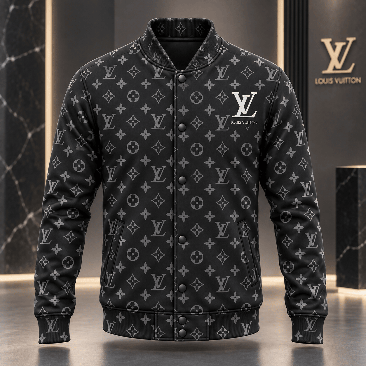 Louis Vuitton | Monochrome Monogram Print Baseball Jacket Year-End 2026 Collection