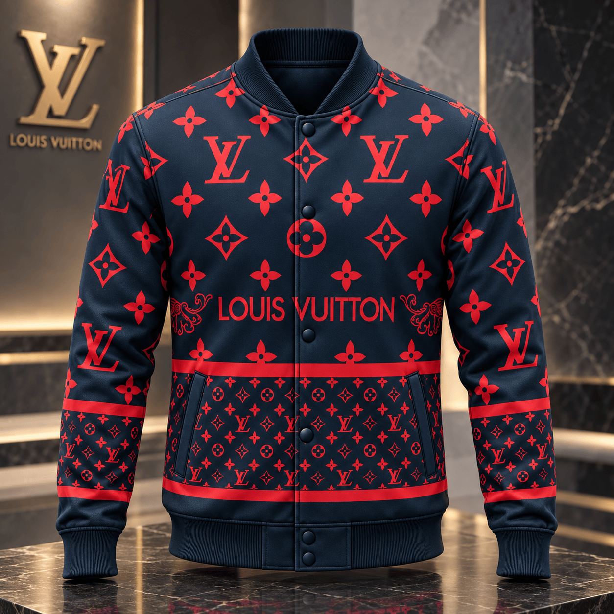 Louis Vuitton | Crimson Monogram Panel Print Baseball Jacket Year-End 2026 Collection