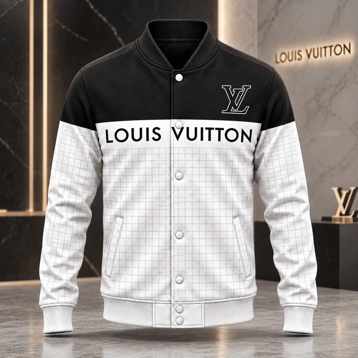 Louis Vuitton | Monochrome Gridline Panel Baseball Jacket Year-End 2026 Collection