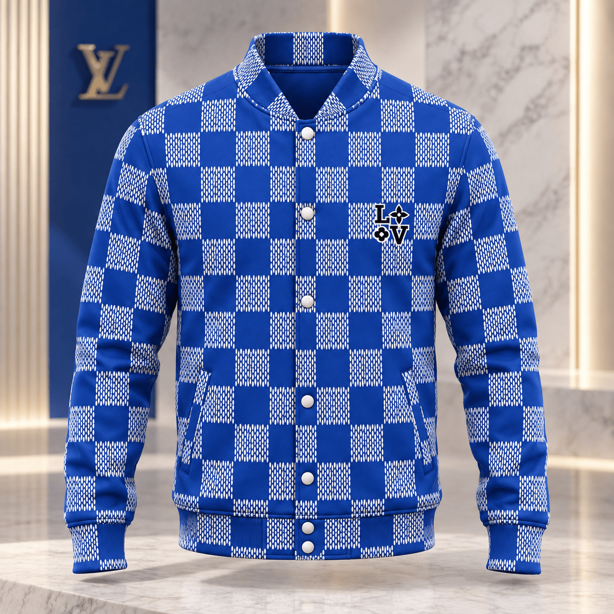 Louis Vuitton | Cobalt Woven Checkerboard Baseball Jacket Year-End 2026 Collection