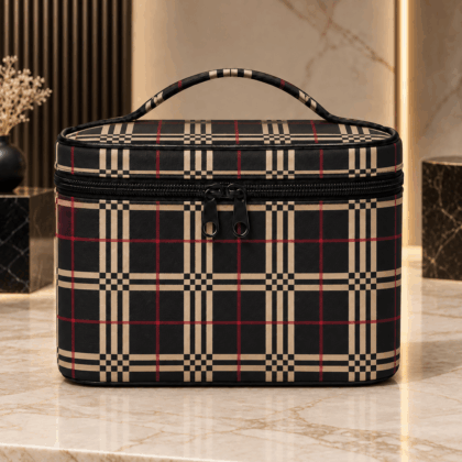 Black Vintage Check Cosmetic Bag Pattern 2026 Collection