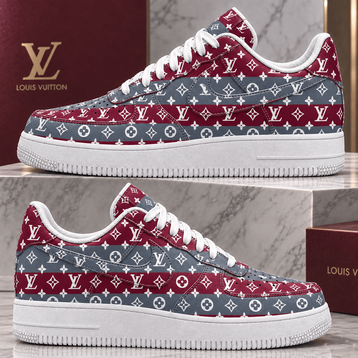 Louis Vuitton | Burgundy Gray Monogram Stripes Sneakers Winter 2026 Collection