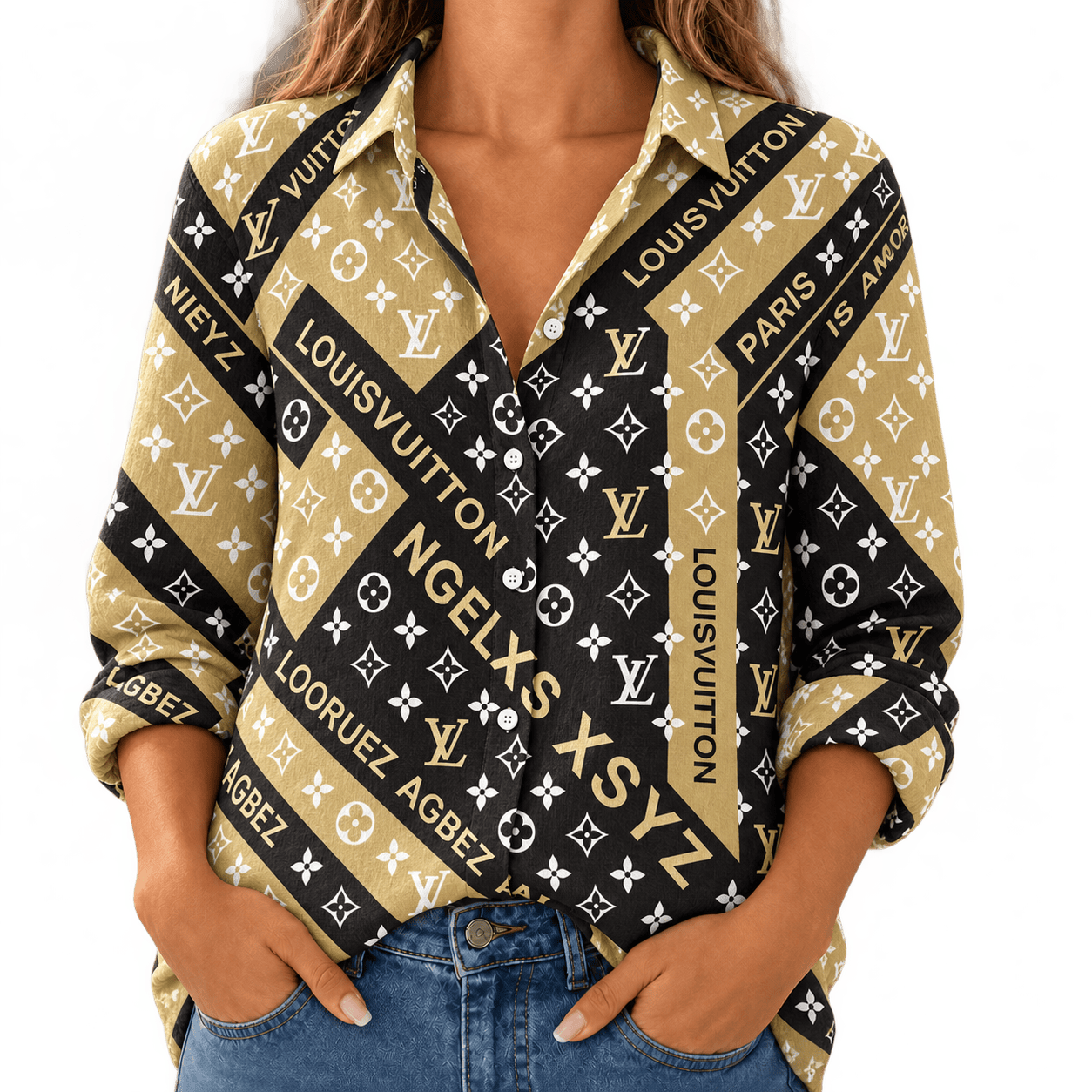 Louis Vuitton | Black Gold Monogram Collage Linen Shirt Winter 2026 Collection