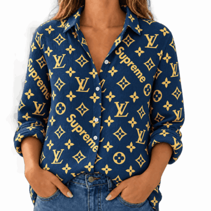 Louis Vuitton | Navy Gold Monogram Print Linen Shirt Winter 2026 Collection