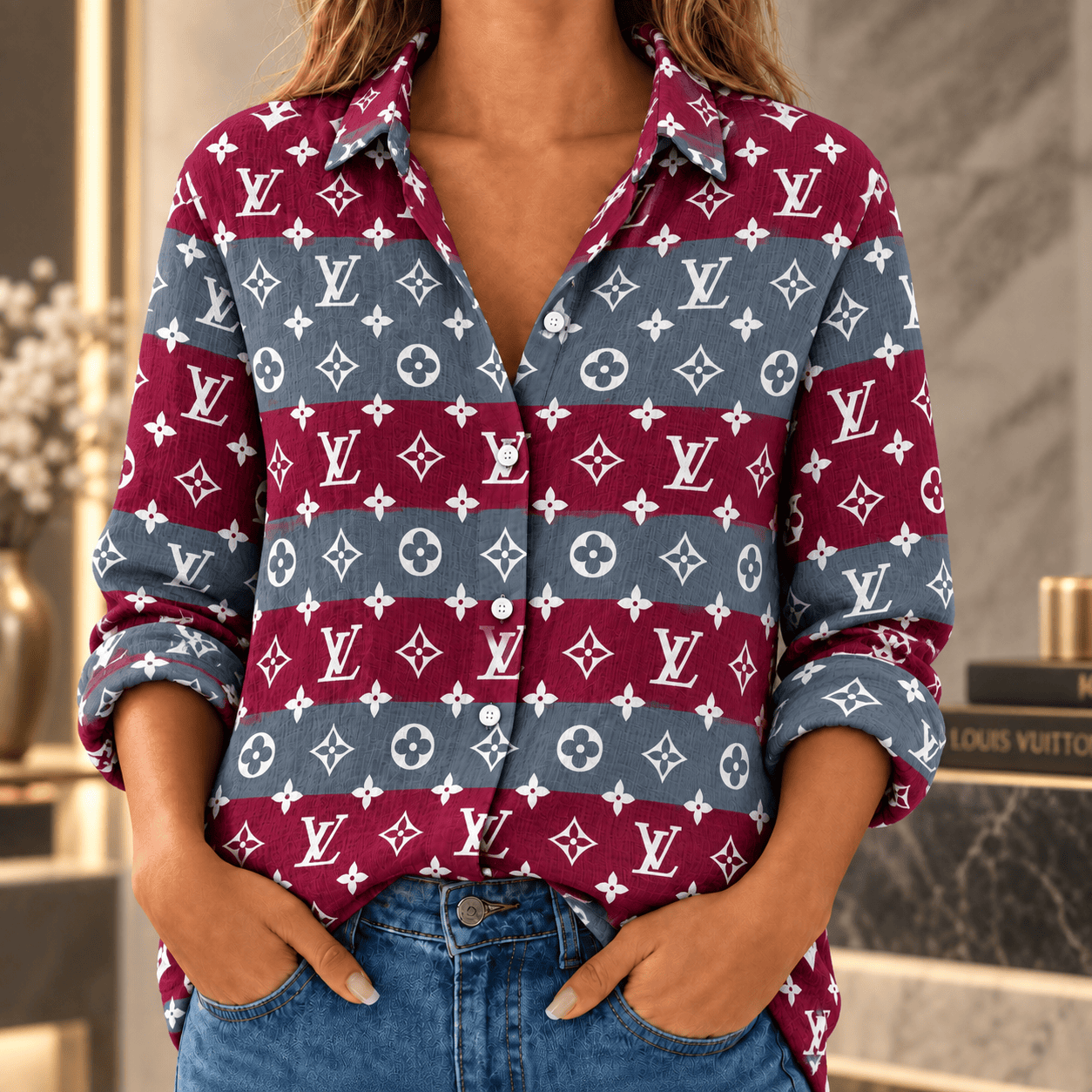 Louis Vuitton | Burgundy Slate Monogram Stripes Linen Shirt Fall 2026 Collection