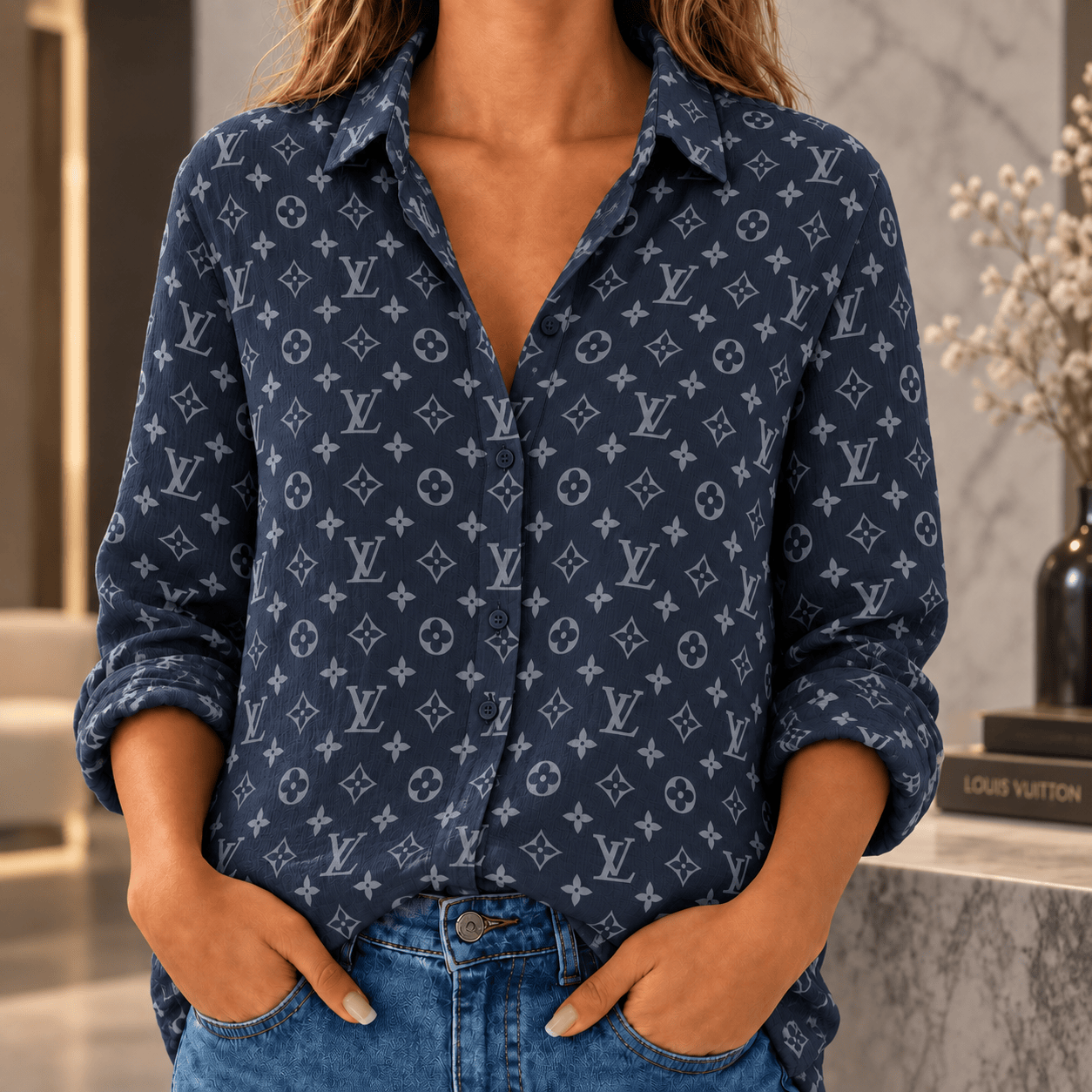 Louis Vuitton | Navy Monogram Print Linen Shirt Fall 2026 Collection