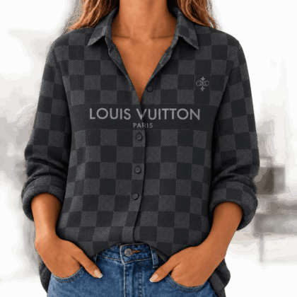 Louis Vuitton | Graphite Checkerboard Logo Stripe Linen Shirt Fall 2026 Collection