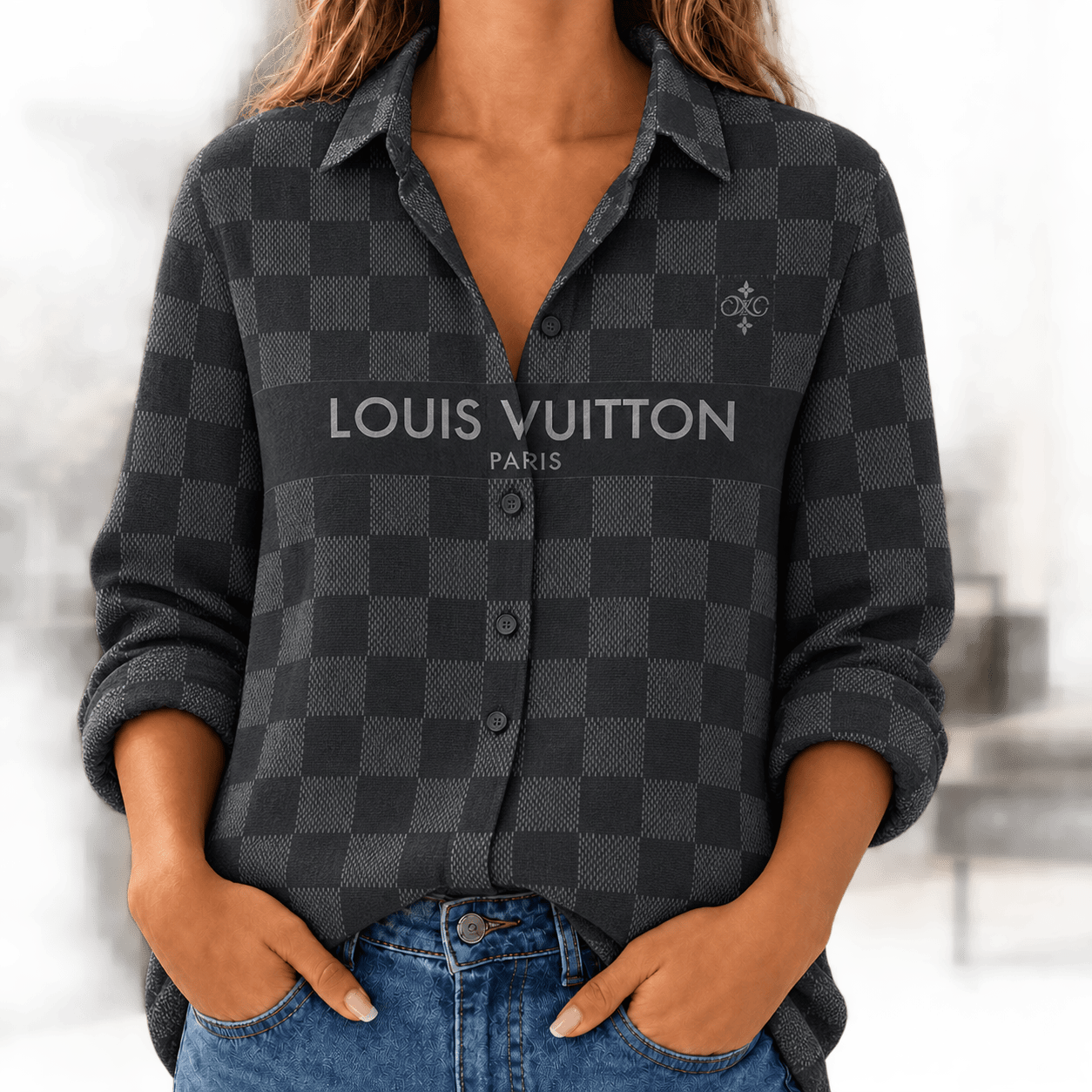 Louis Vuitton | Graphite Checkerboard Logo Stripe Linen Shirt Fall 2026 Collection