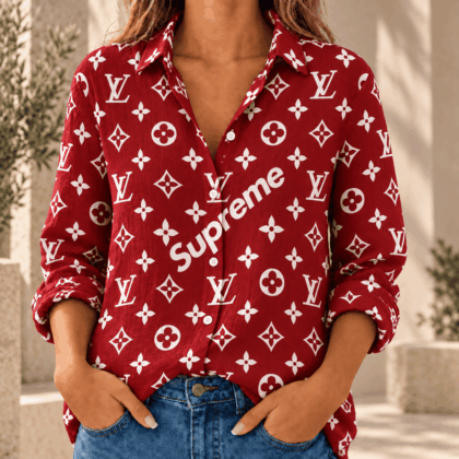 Louis Vuitton | Crimson Monogram Wordmark Print Linen Shirt Winter 2026 Collection
